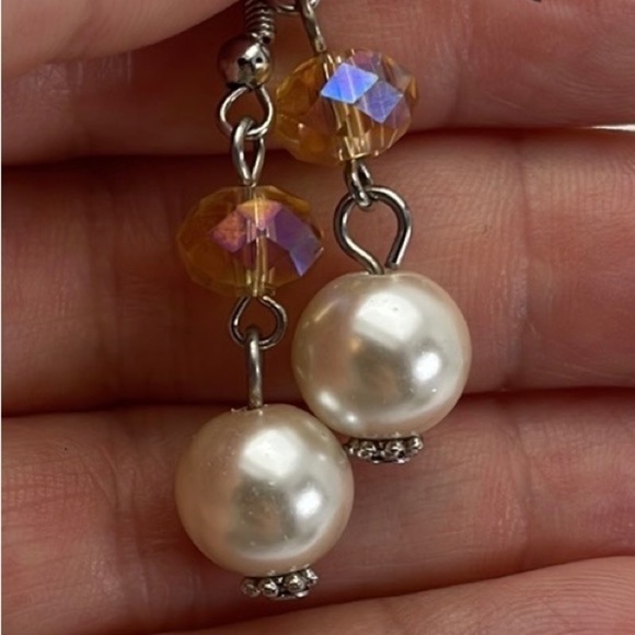 White Pearl and AB Crystal Drop Earrings - Picture 4 of 8